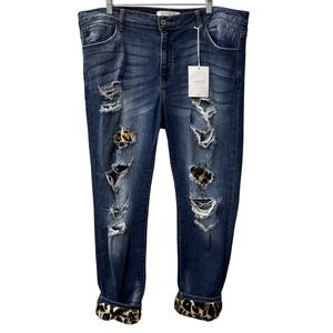 Kancan Jeans Womens 2XL Mid Rise Distressed Leopard Print Cuff Skinny Denim